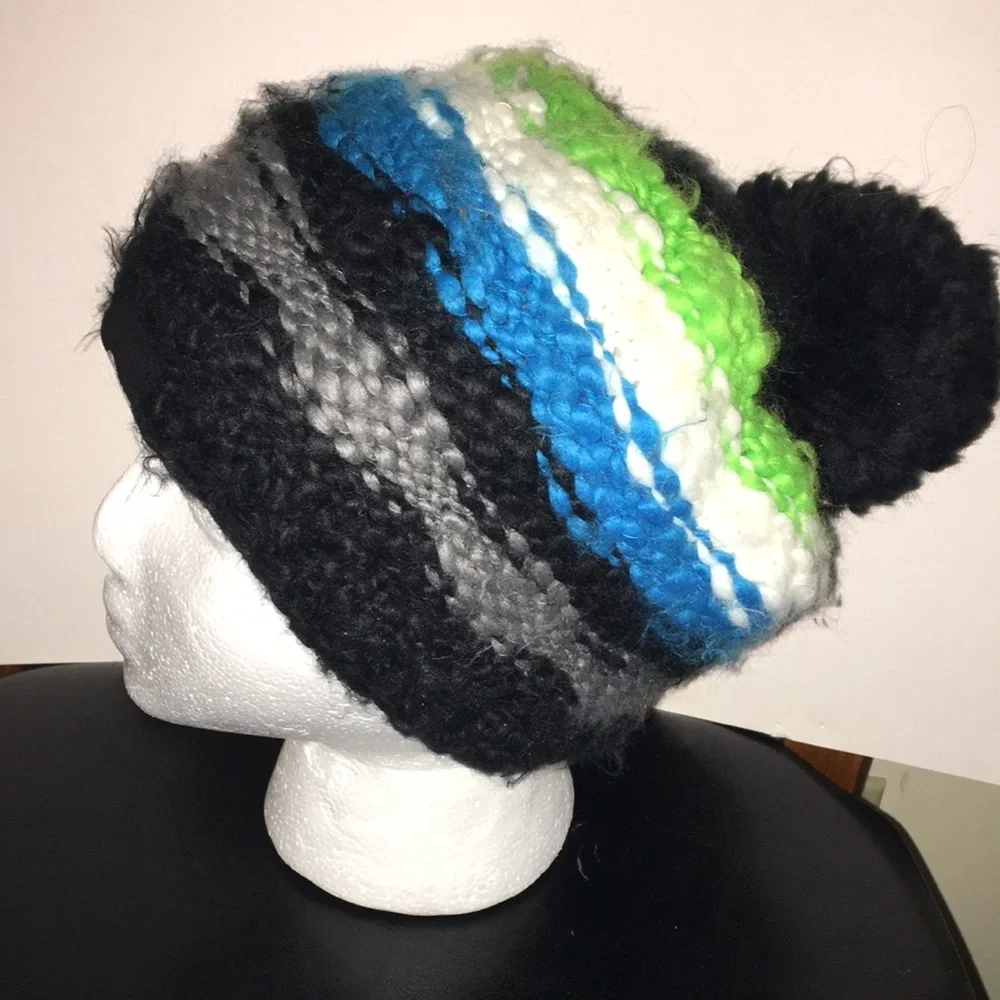 Chaos Pom Pom Winter hat EUC Black, Green, White and Gray striped